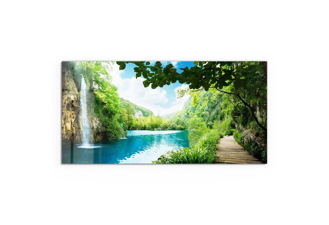 DEQORI Glasbild Wasserfall im grünen Wald Modern