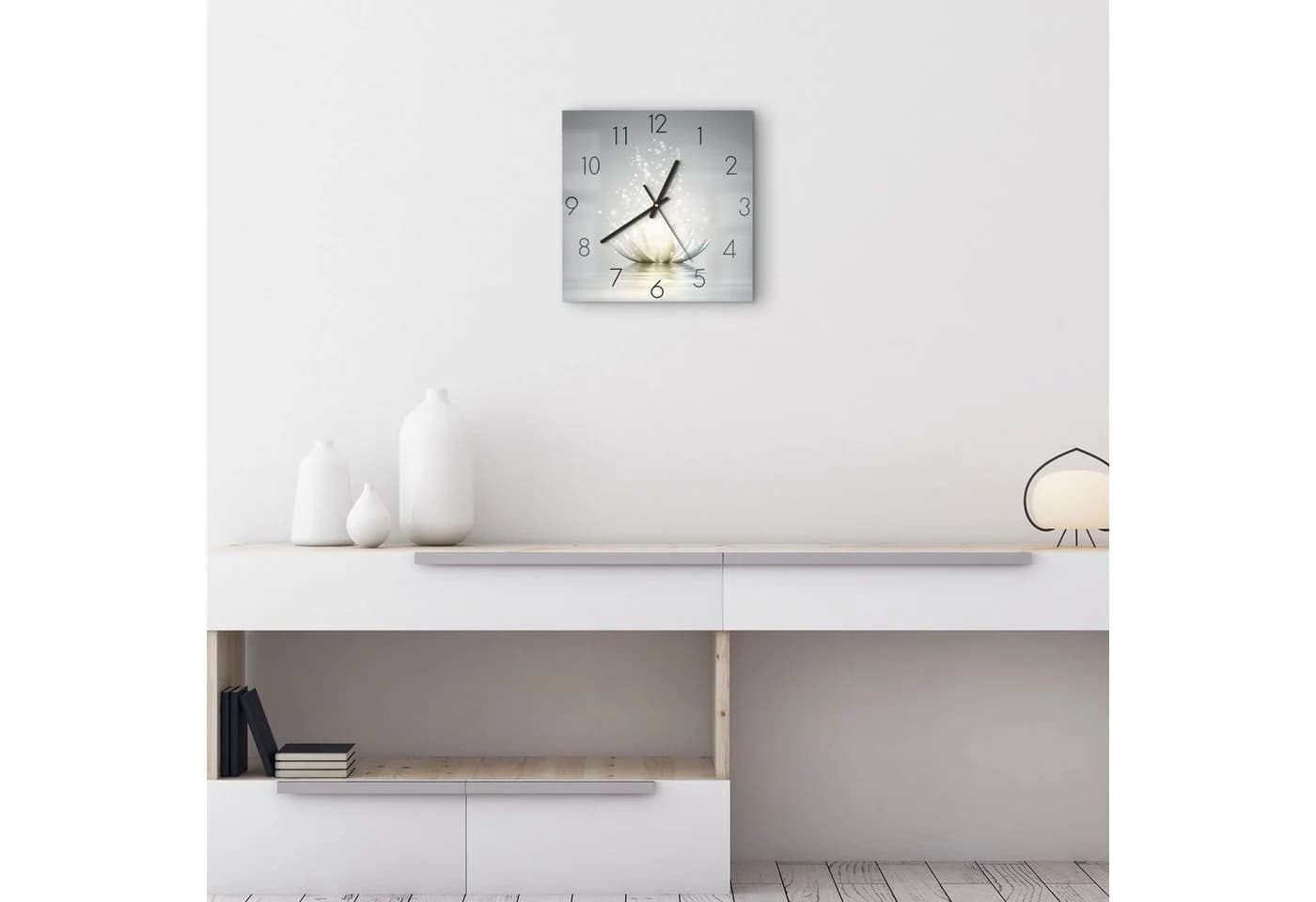 DEQORI Wanduhr 'Funkelnde Lotusblüte' Grau/Weiß Glas Modern - Bild 3