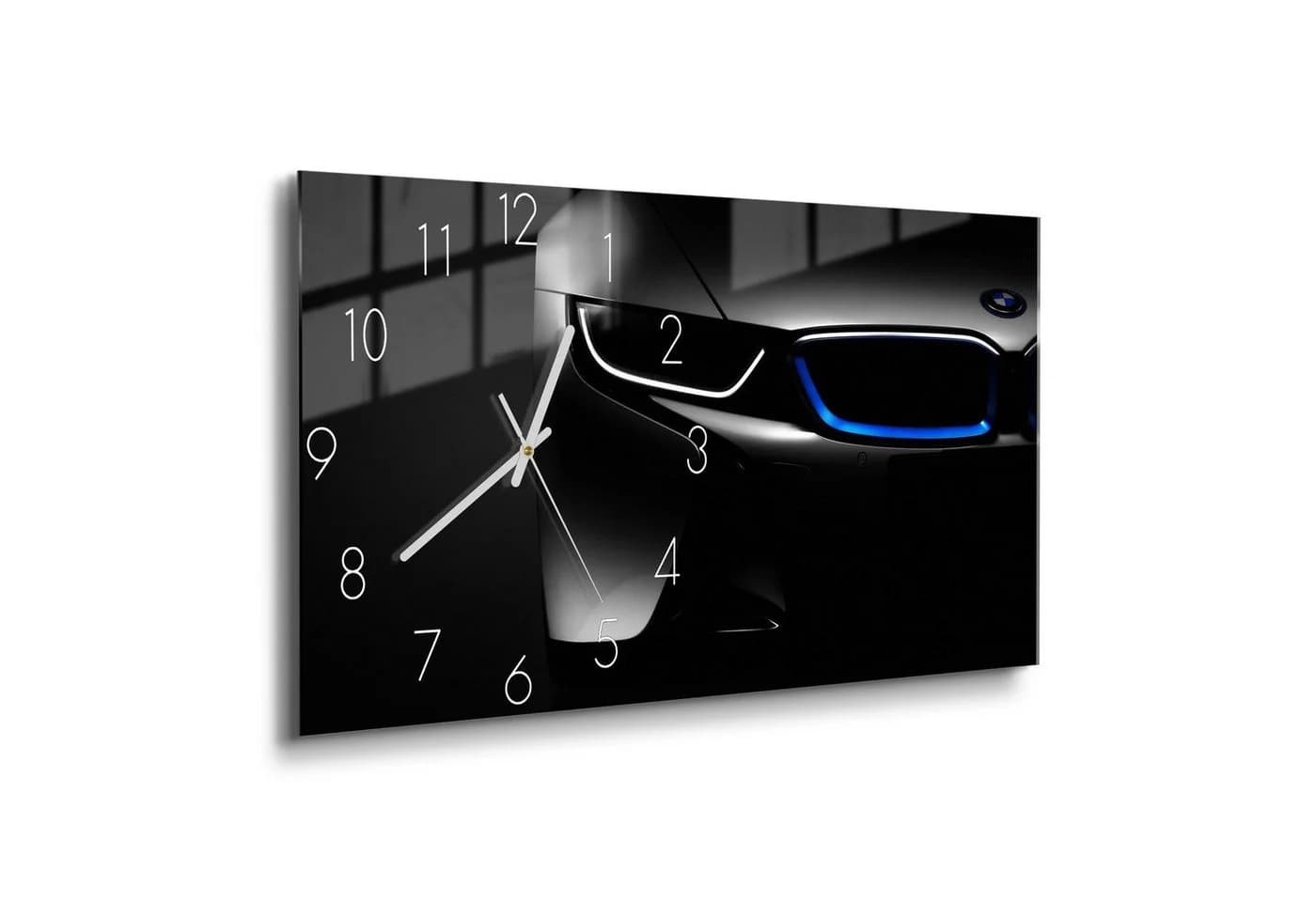 DEQORI Wanduhr BMW i8 Frontalaufnahme Glas Modern Schwarz Silber