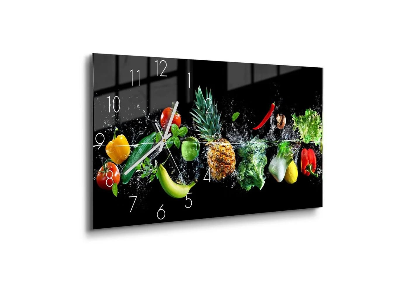 DEQORI Wanduhr Sauberes Obst und Gemüse Modern Glas Schwarz Bunt