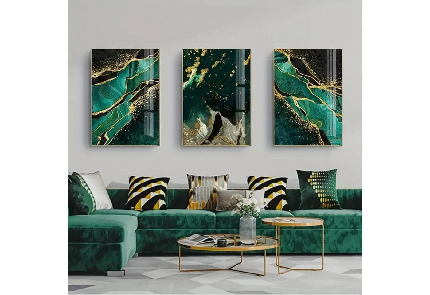 TPFLiving Leinwandbild 3er Set Abstrakte Marmorstrukturen Grün Schwarz Gold - Bild 4