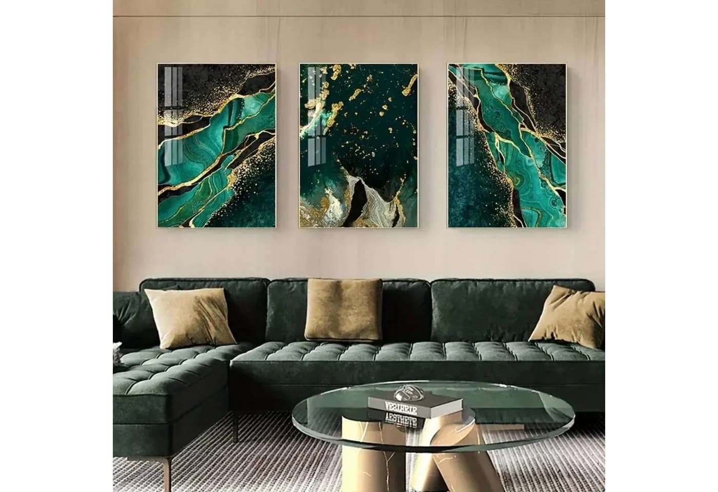 TPFLiving Leinwandbild 3er Set Abstrakte Marmorstrukturen Grün Schwarz Gold - Bild 5