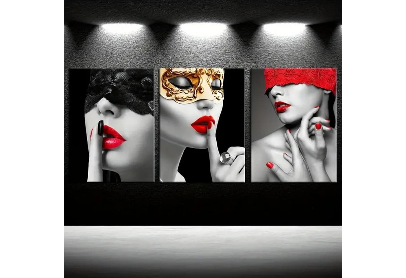 TPFLiving Leinwandbild 3er Set Frau mit roten Lippen Schwarz Rot Gold