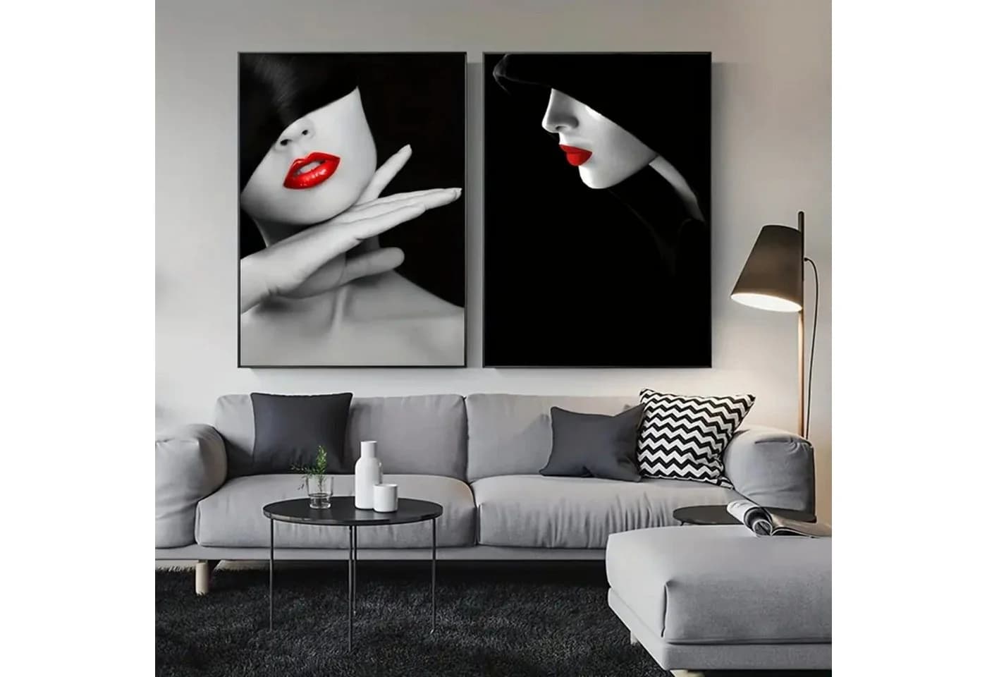 TPFLiving Leinwandbild 3er Set Frau mit roten Lippen Schwarz Rot Gold - Bild 3