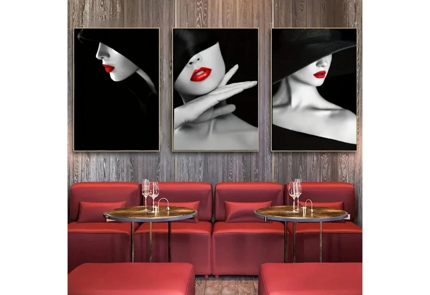 TPFLiving Leinwandbild 3er Set Frau mit roten Lippen Schwarz Rot Gold - Bild 5