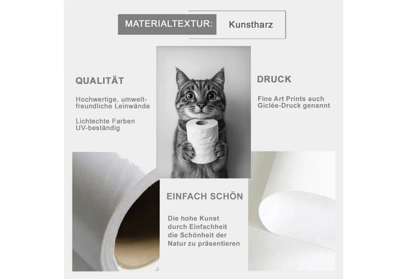 TPFLiving Leinwandbild Lustige Tiere Toilettenpapier Schwarz/Weiß