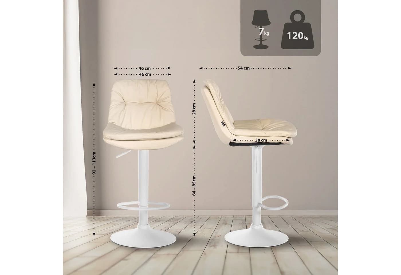 TPFLiving Barhocker höhenverstellbar mit Rückenlehne Kunstleder beige