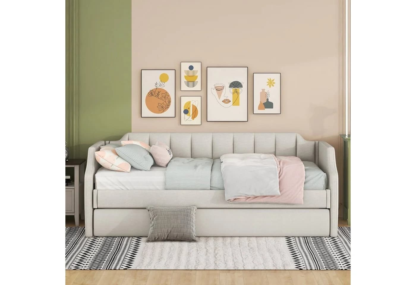SOFTWEARY Schlafsofa mit Bettfunktion und Gästebett, Leinen, Beige