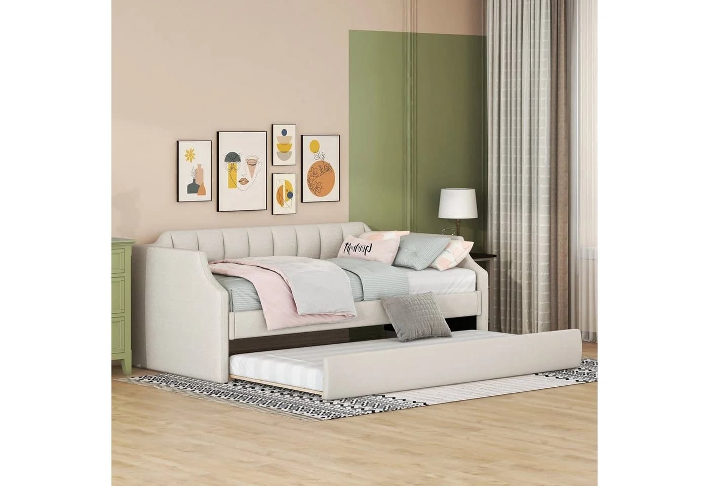 SOFTWEARY Schlafsofa mit Bettfunktion und Gästebett, Leinen, Beige - Bild 3
