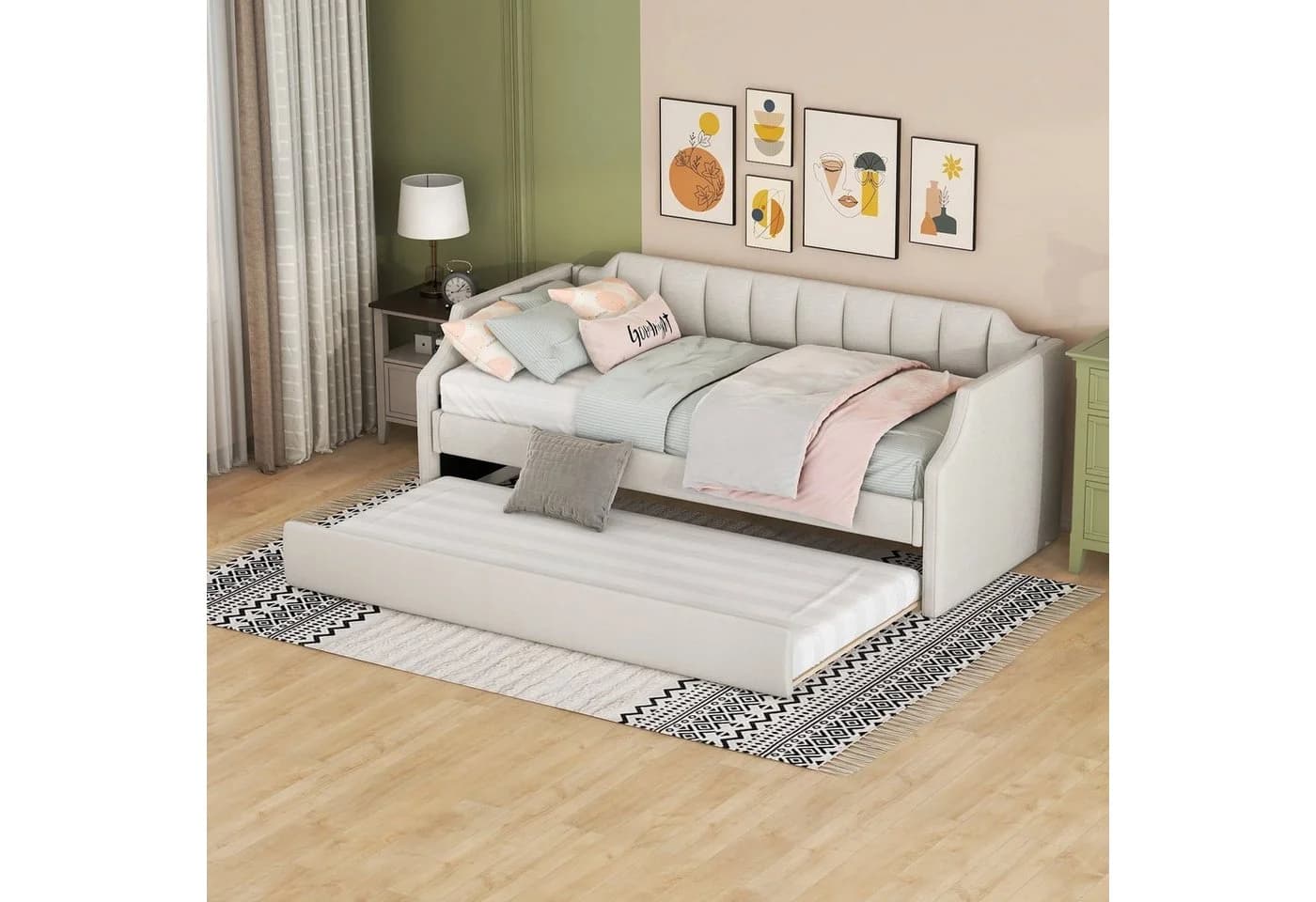 SOFTWEARY Schlafsofa mit Bettfunktion und Gästebett, Leinen, Beige - Bild 4