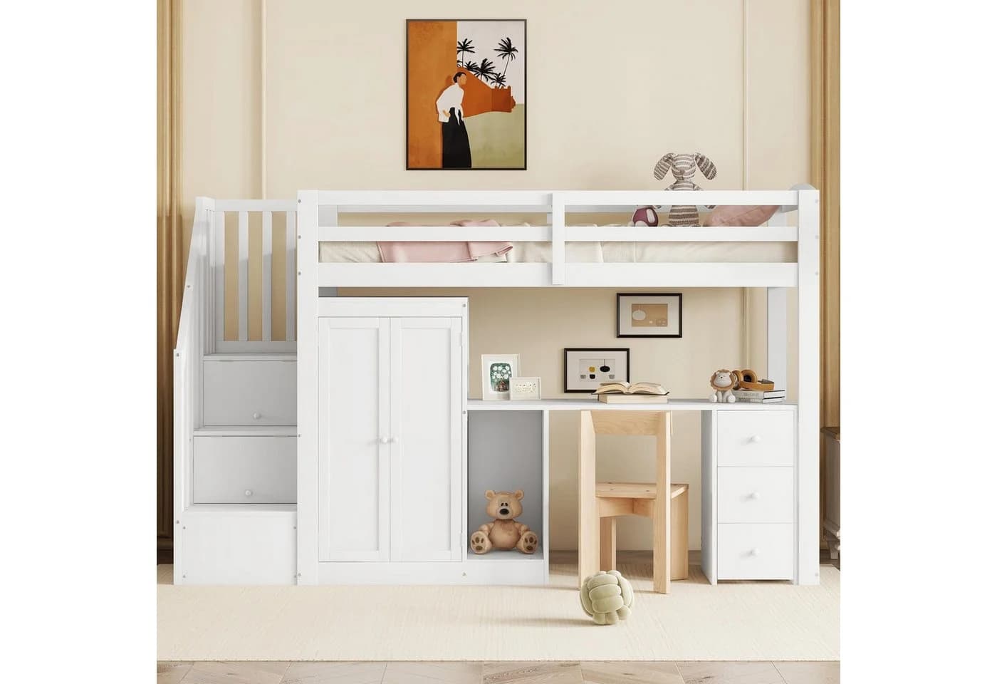 SOFTWEARY Hochbett mit Kleiderschrank und Lattenrost Kiefer
