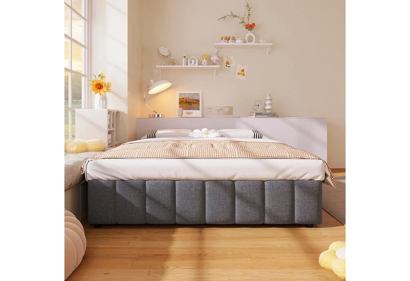 SOFTWEARY Futonbett 140x200 cm Leinen Massivholz Metall - Bild 4