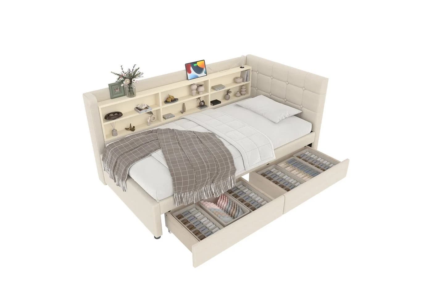 SOFTWEARY Stauraumbett Leinen Beige mit Schubladen und USB - Bild 2