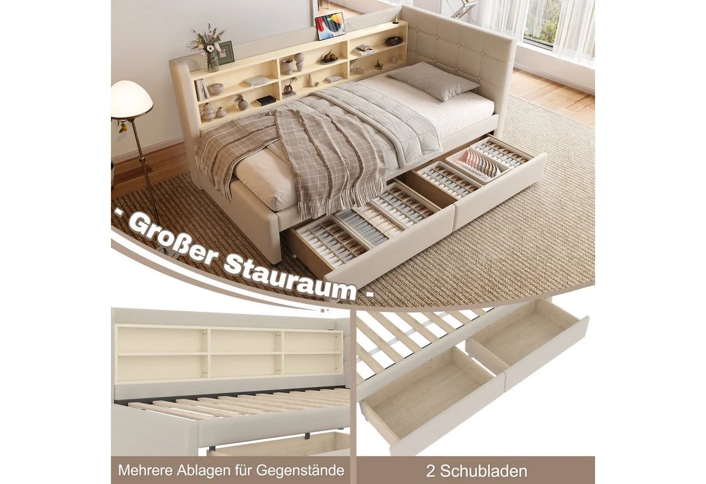 SOFTWEARY Stauraumbett Leinen Beige mit Schubladen und USB - Bild 3