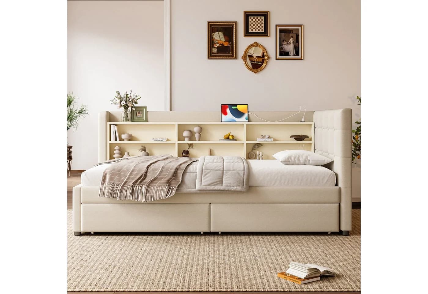 SOFTWEARY Stauraumbett Leinen Beige mit Schubladen und USB - Bild 4