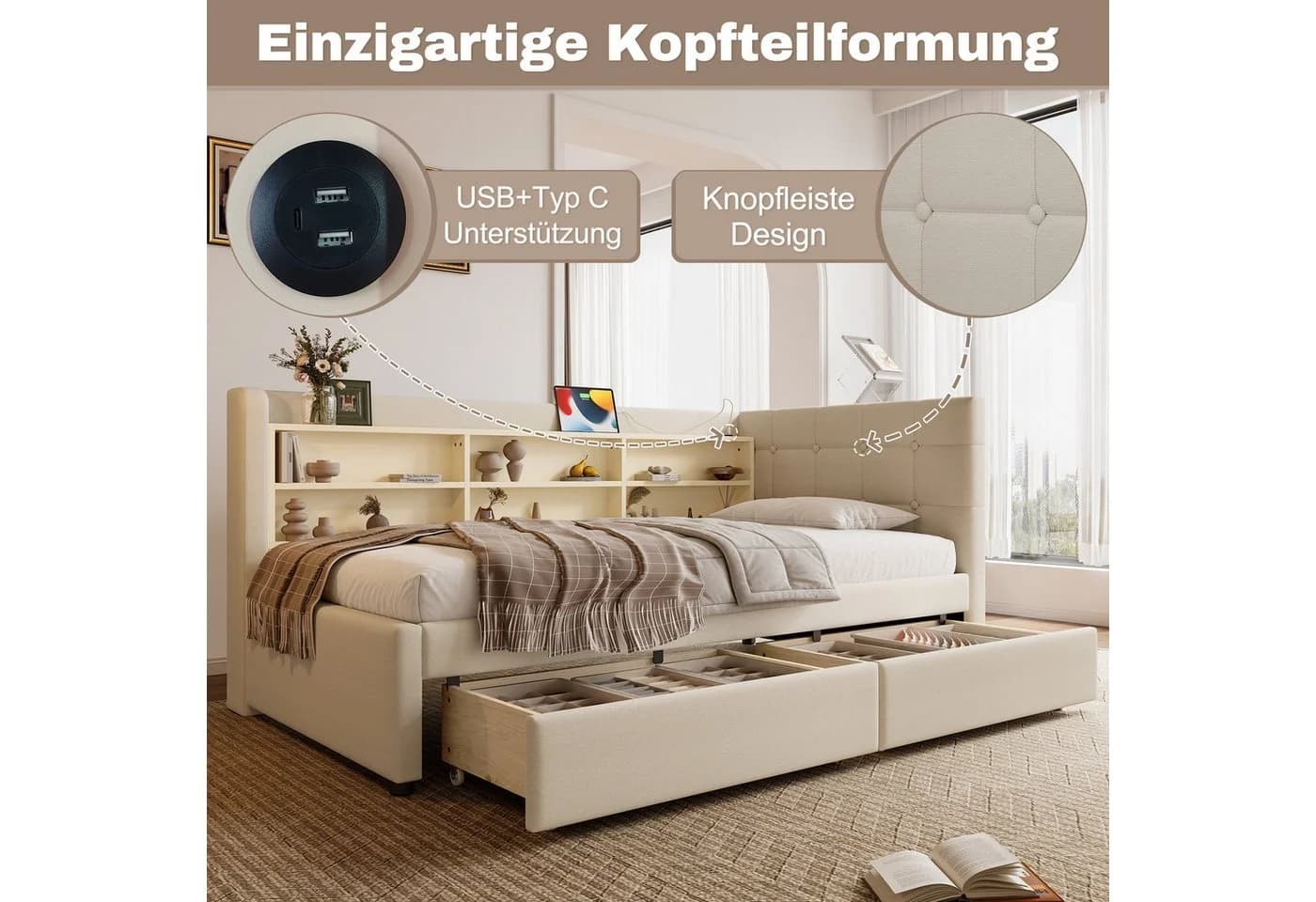 SOFTWEARY Stauraumbett Leinen Beige mit Schubladen und USB - Bild 5