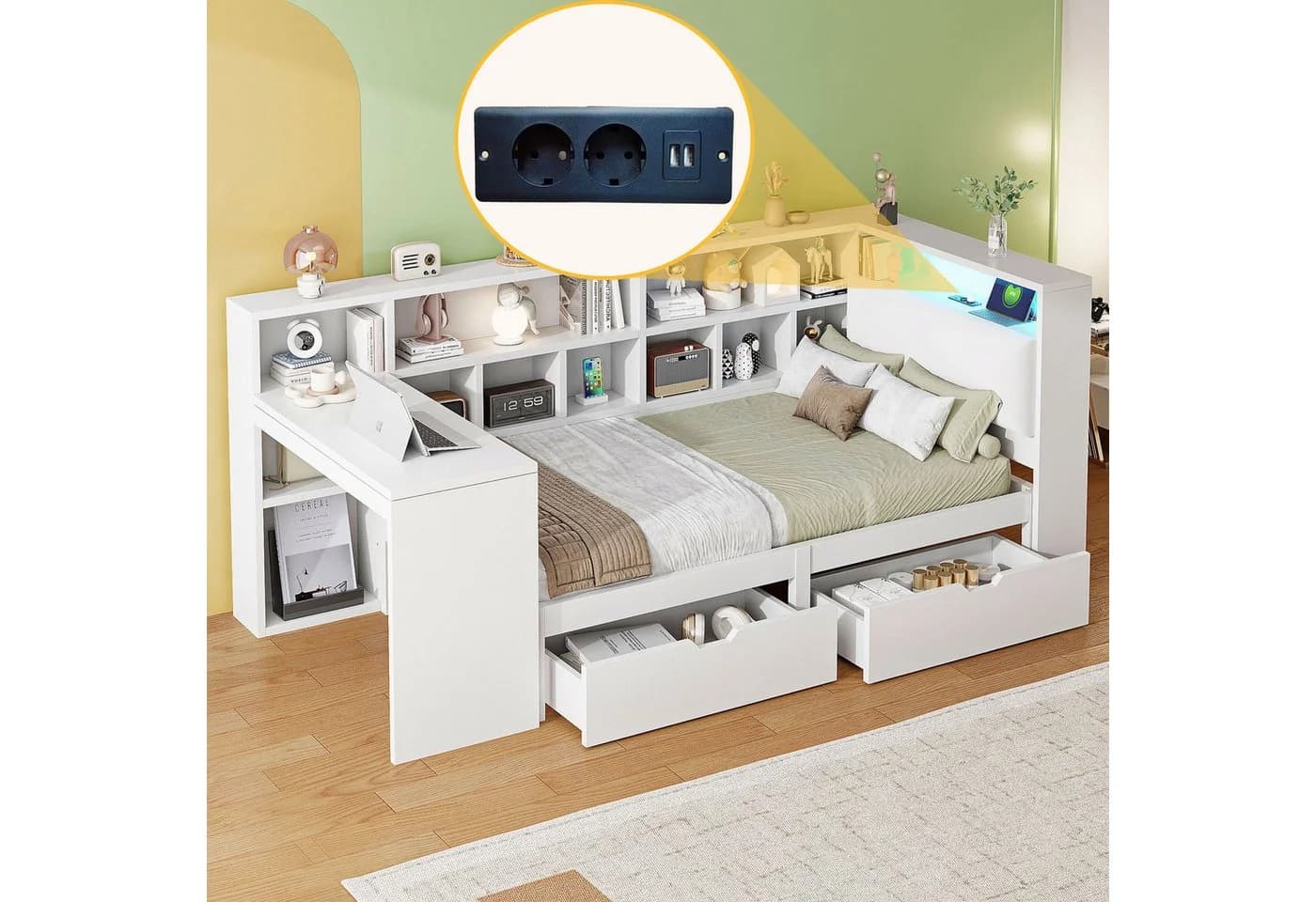 SOFTWEARY Stauraumbett mit Schreibtisch und LED-Beleuchtung Weiß