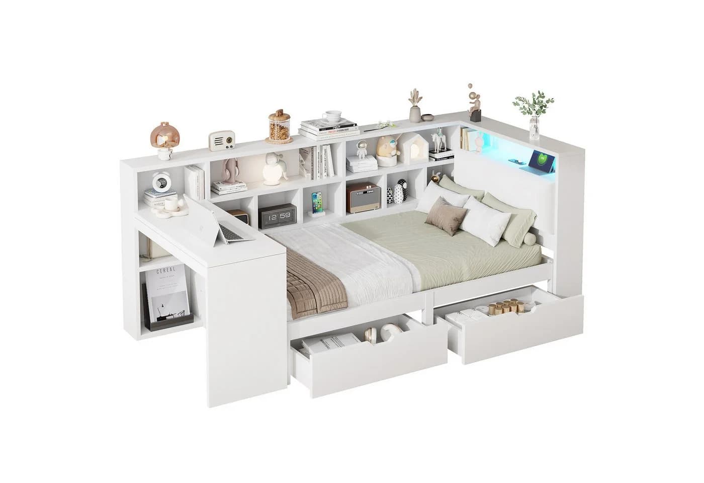 SOFTWEARY Stauraumbett mit Schreibtisch und LED-Beleuchtung Weiß - Bild 2