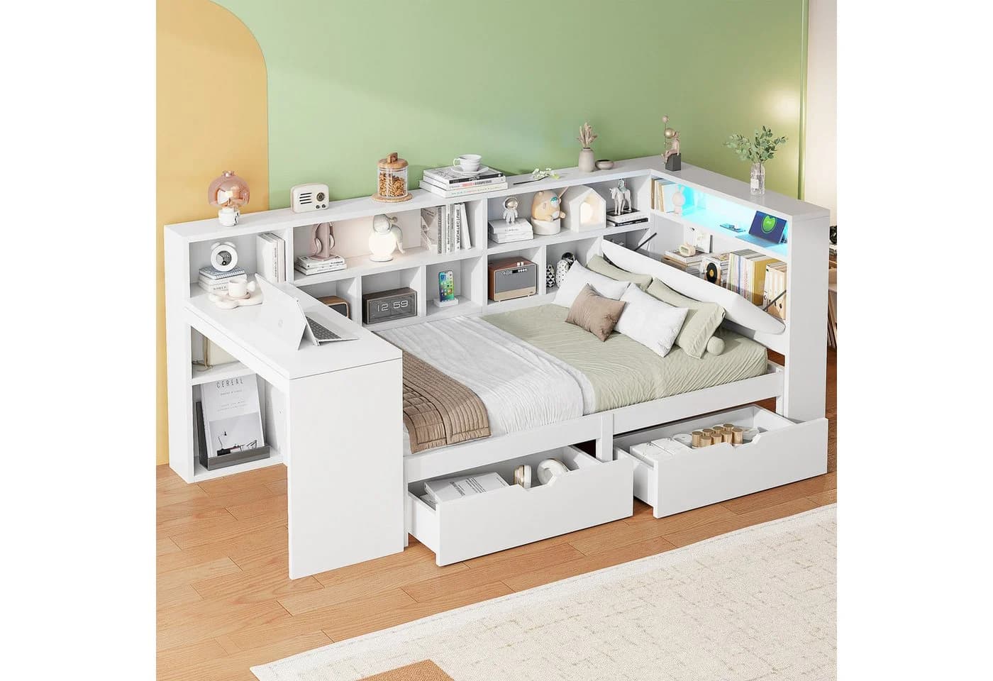 SOFTWEARY Stauraumbett mit Schreibtisch und LED-Beleuchtung Weiß - Bild 3