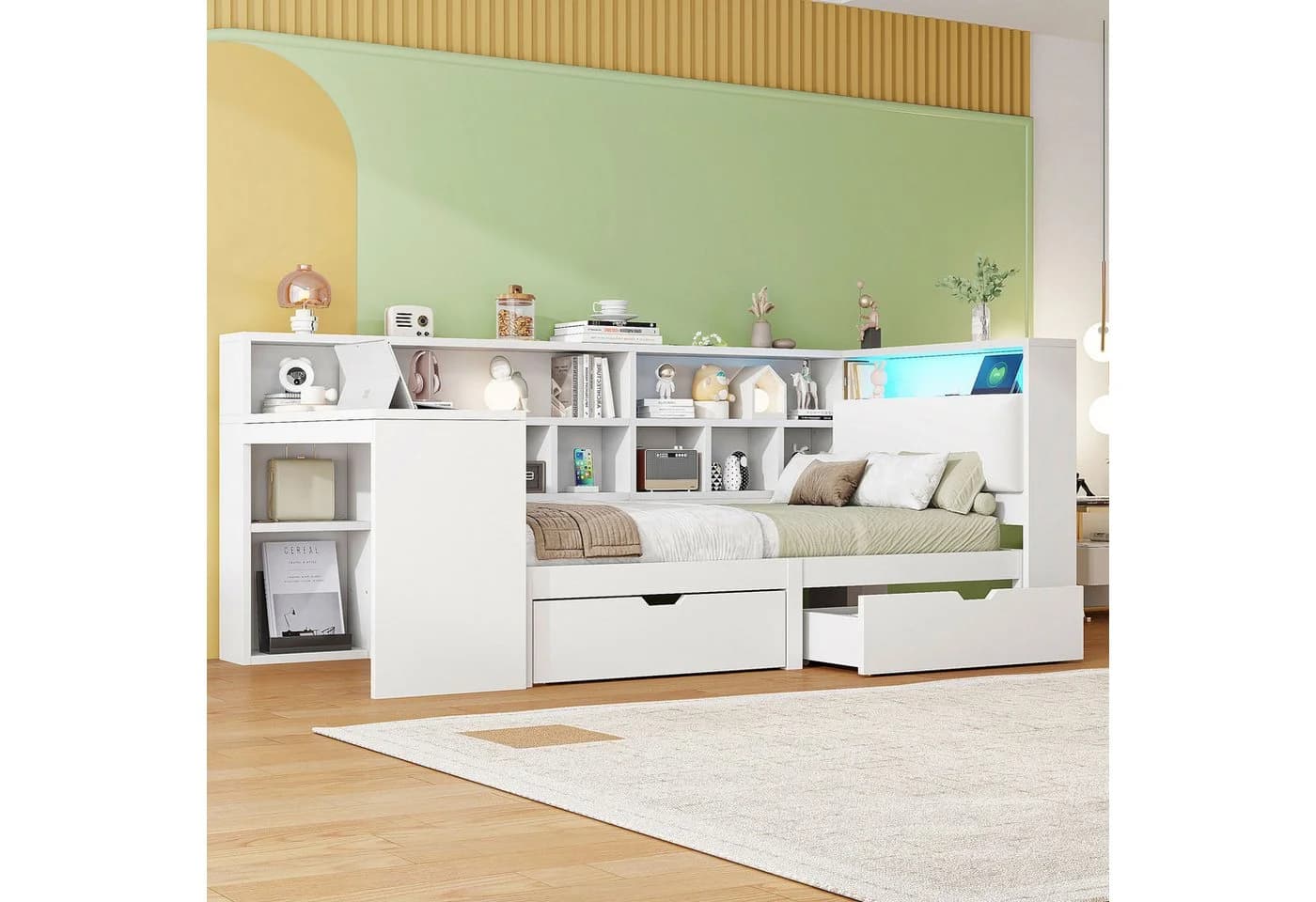 SOFTWEARY Stauraumbett mit Schreibtisch und LED-Beleuchtung Weiß - Bild 5