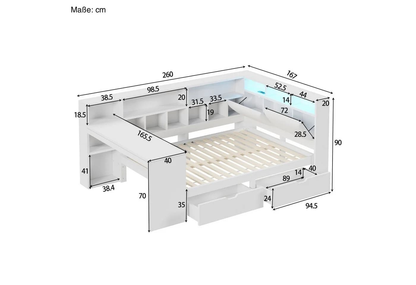 SOFTWEARY Stauraumbett mit Schreibtisch und LED-Beleuchtung - Bild 5