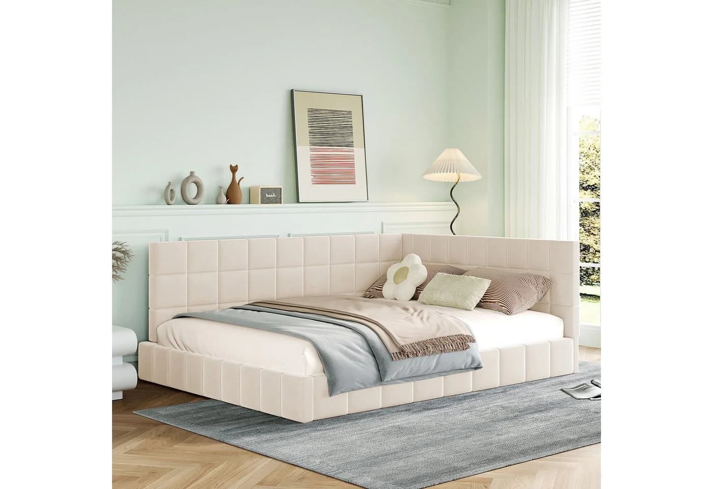 SOFTWEARY Polsterbett mit Lattenrost und gepolstertem Kopfteil Beige Samt - Bild 3