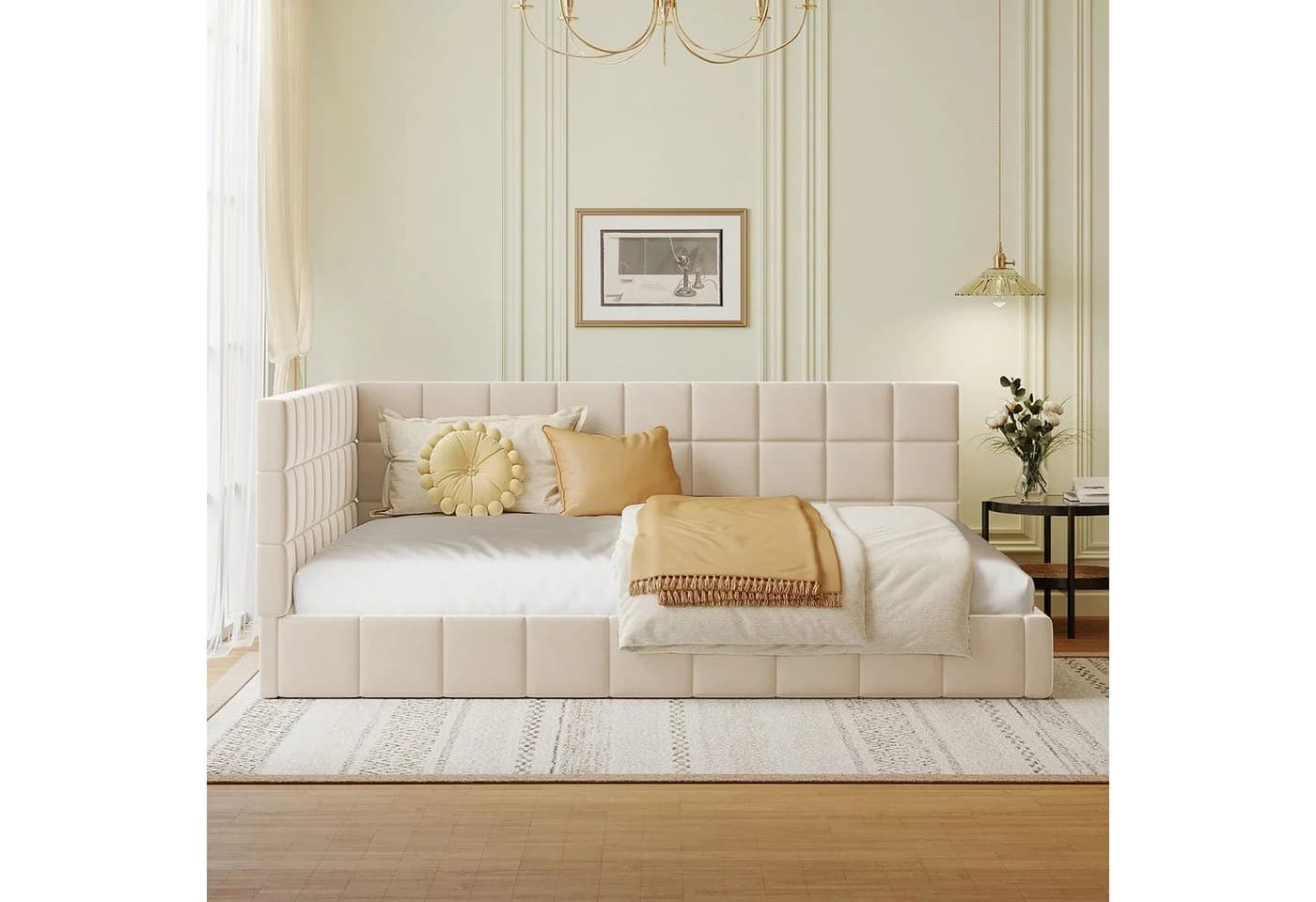 SOFTWEARY Polsterbett mit Lattenrost und gepolstertem Kopfteil Beige Samt - Bild 4