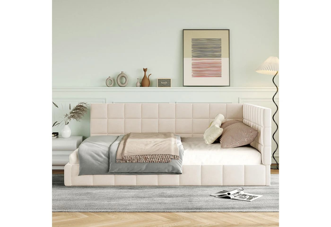 SOFTWEARY Polsterbett mit Lattenrost und gepolstertem Kopfteil Beige Samt - Bild 5