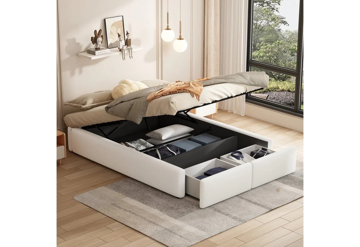 SOFTWEARY Futonbett mit Bettkasten, Lattenrost und Schubladen Leinen