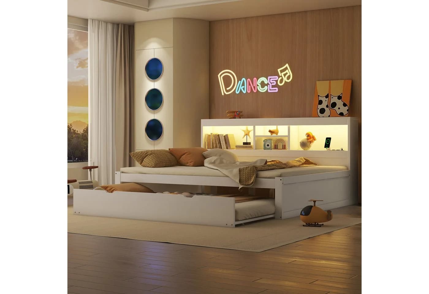 SOFTWEARY Holzbett mit Gästebett und LED-Beleuchtung Weiß