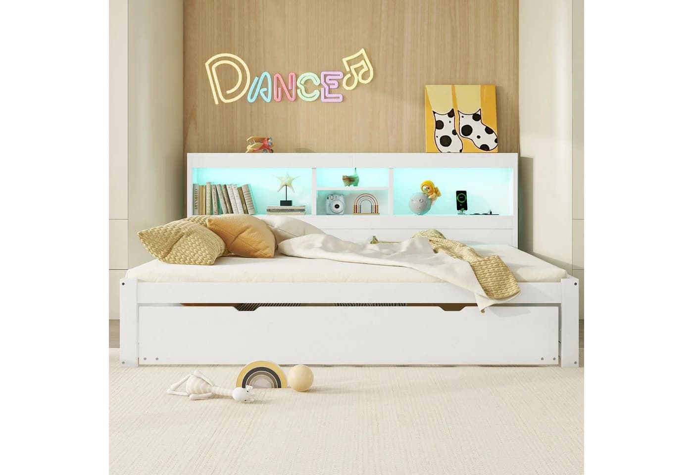 SOFTWEARY Holzbett mit Gästebett und LED-Beleuchtung Weiß - Bild 4