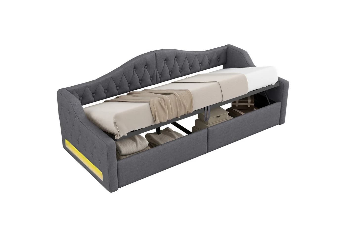 SOFTWEARY Schlafsofa mit LED-Beleuchtung und Stauraum Grau Leinen - Bild 2