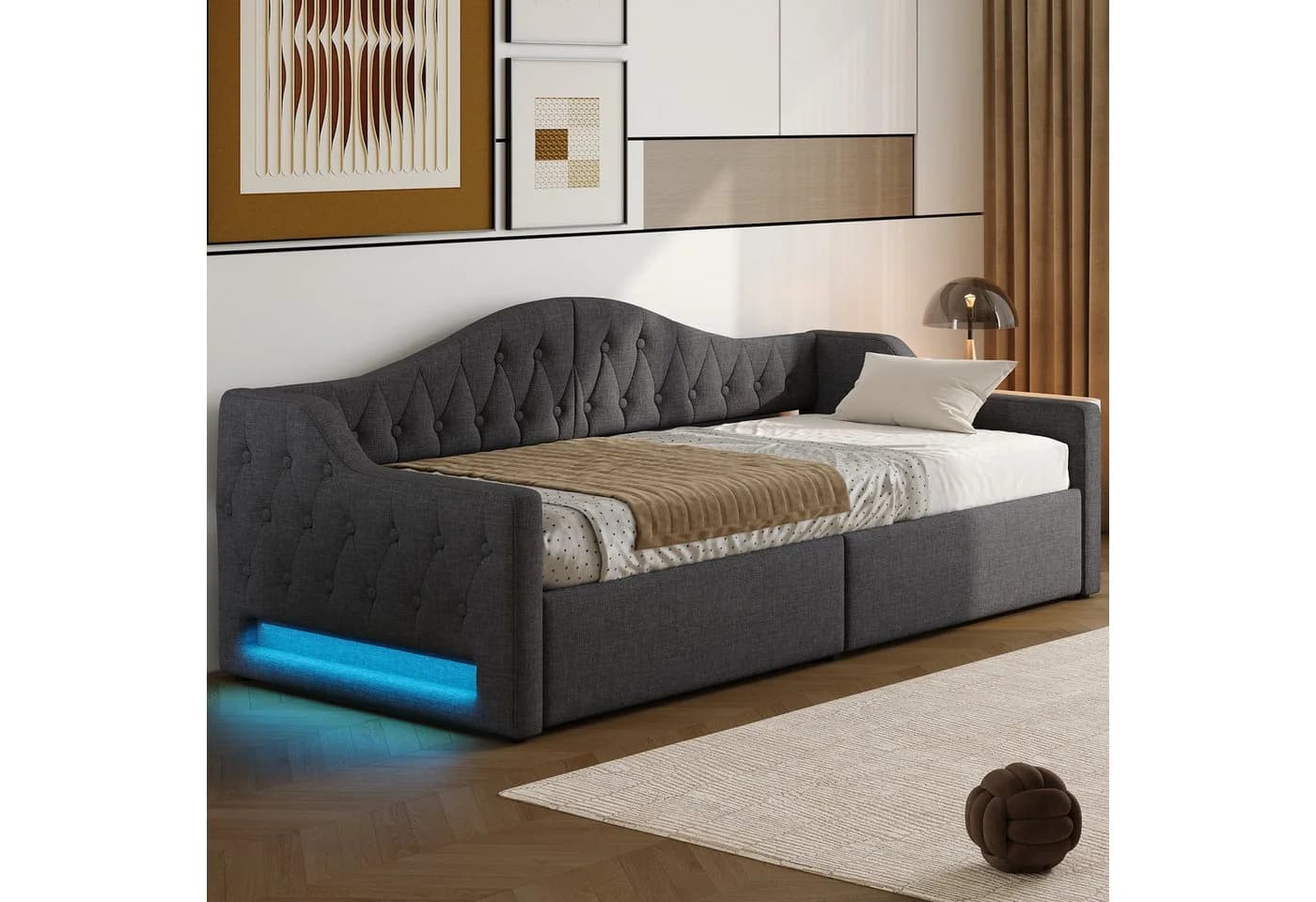 SOFTWEARY Schlafsofa mit LED-Beleuchtung und Stauraum Grau Leinen - Bild 3