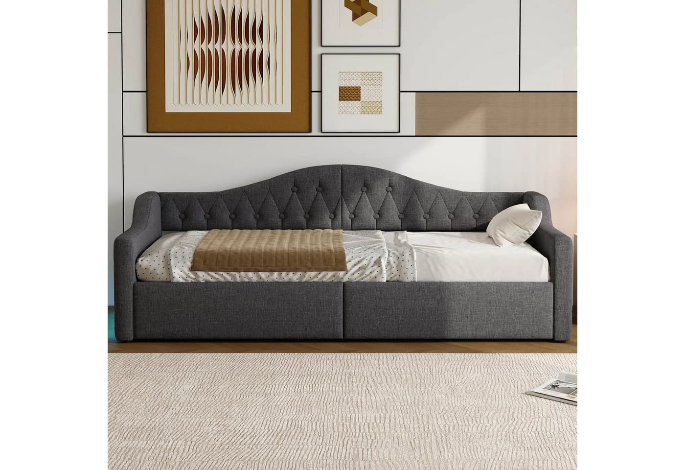 SOFTWEARY Schlafsofa mit LED-Beleuchtung und Stauraum Grau Leinen - Bild 4