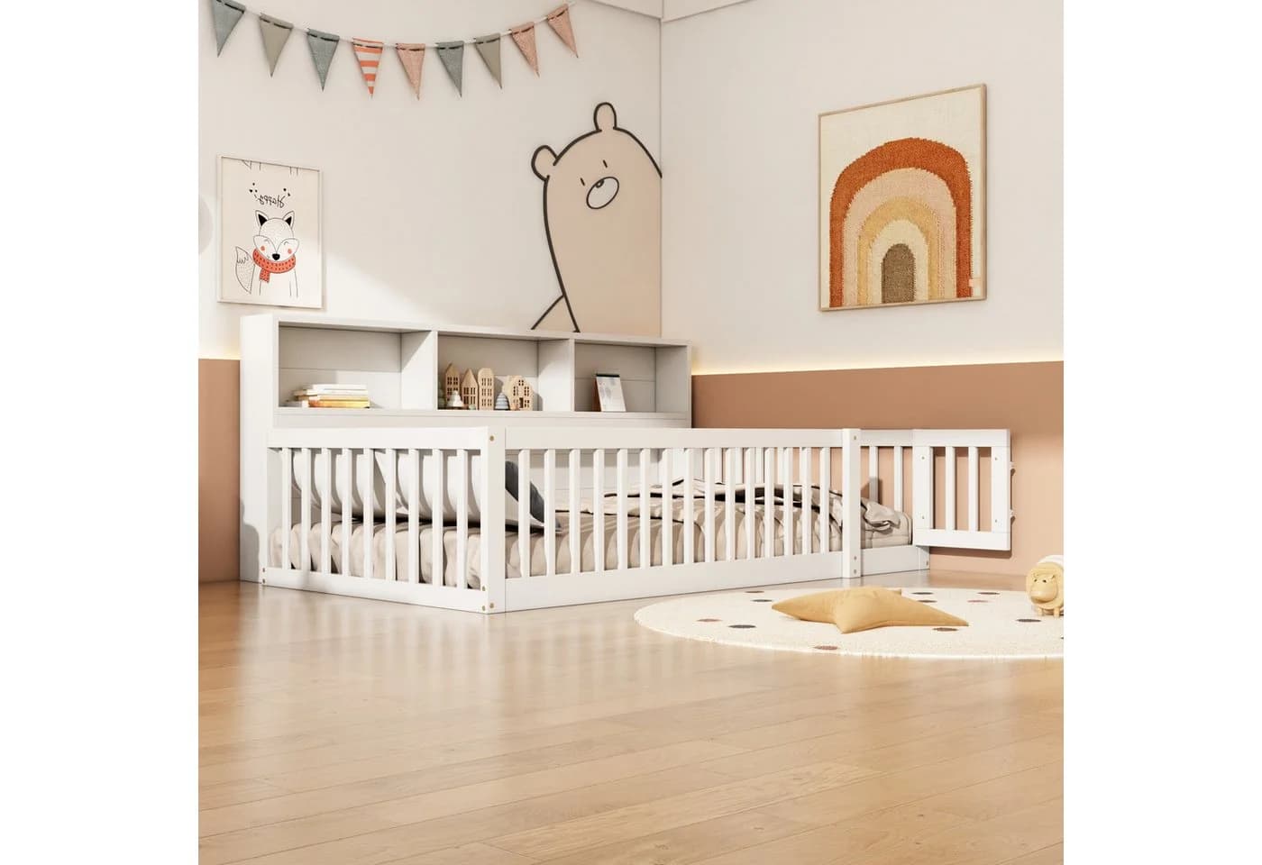 SOFTWEARY Kinderbett mit Lattenrost, Rausfallschutz und Stauraum aus Kiefernholz - Bild 4