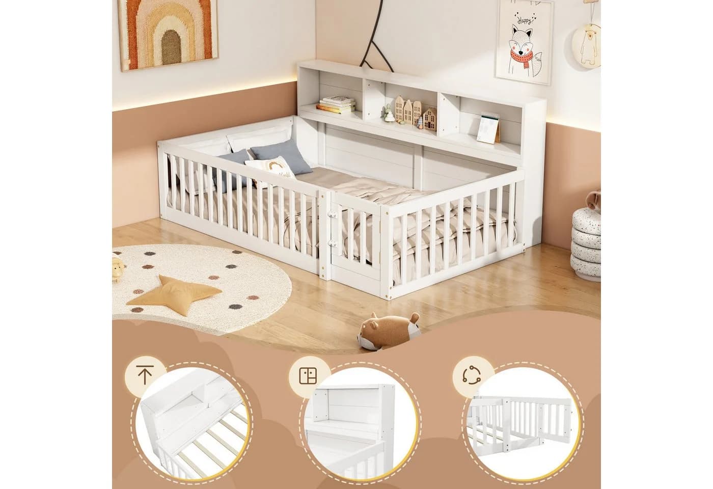 SOFTWEARY Kinderbett mit Lattenrost, Rausfallschutz und Stauraum aus Kiefernholz - Bild 5