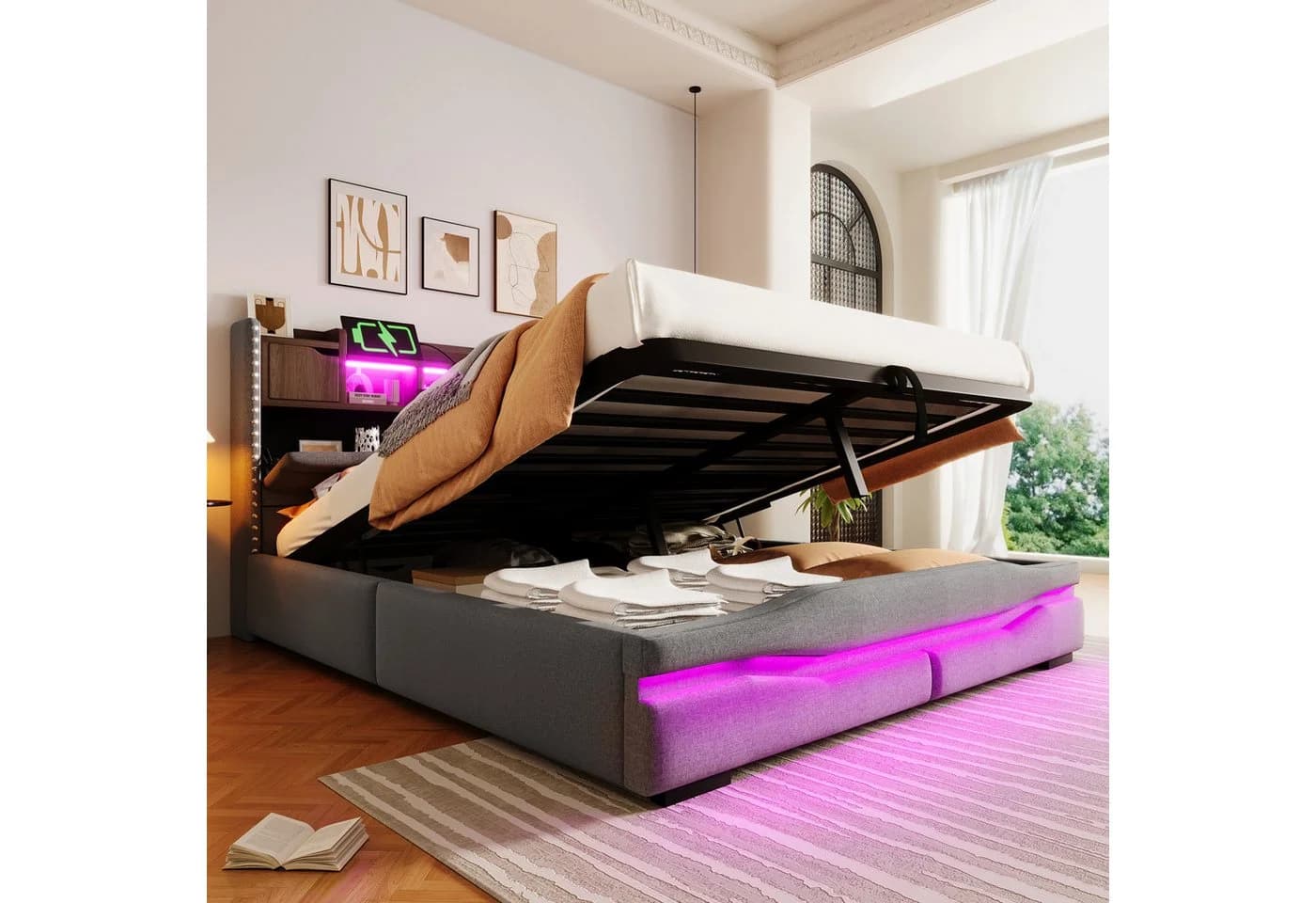 SOFTWEARY Polsterbett mit LED-Beleuchtung und Stauraum Grau - Bild 3