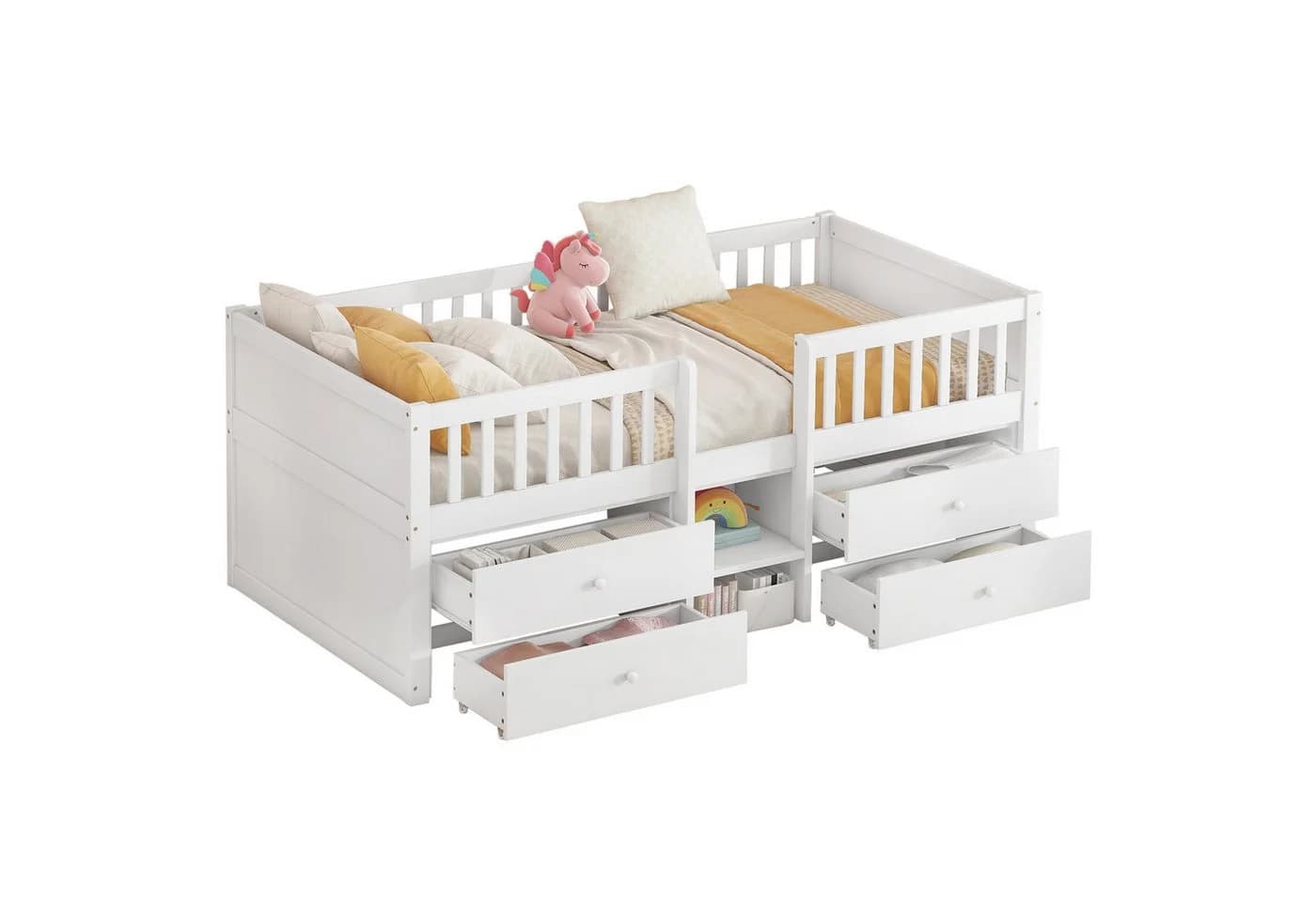 SOFTWEARY Kinderbett mit Schubladen und Lattenrost, Regal, Rausfallschutz, Kiefer - Bild 2