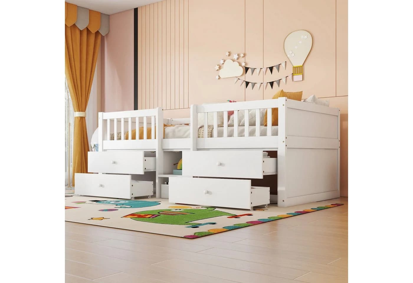 SOFTWEARY Kinderbett mit Schubladen und Lattenrost, Regal, Rausfallschutz, Kiefer - Bild 4