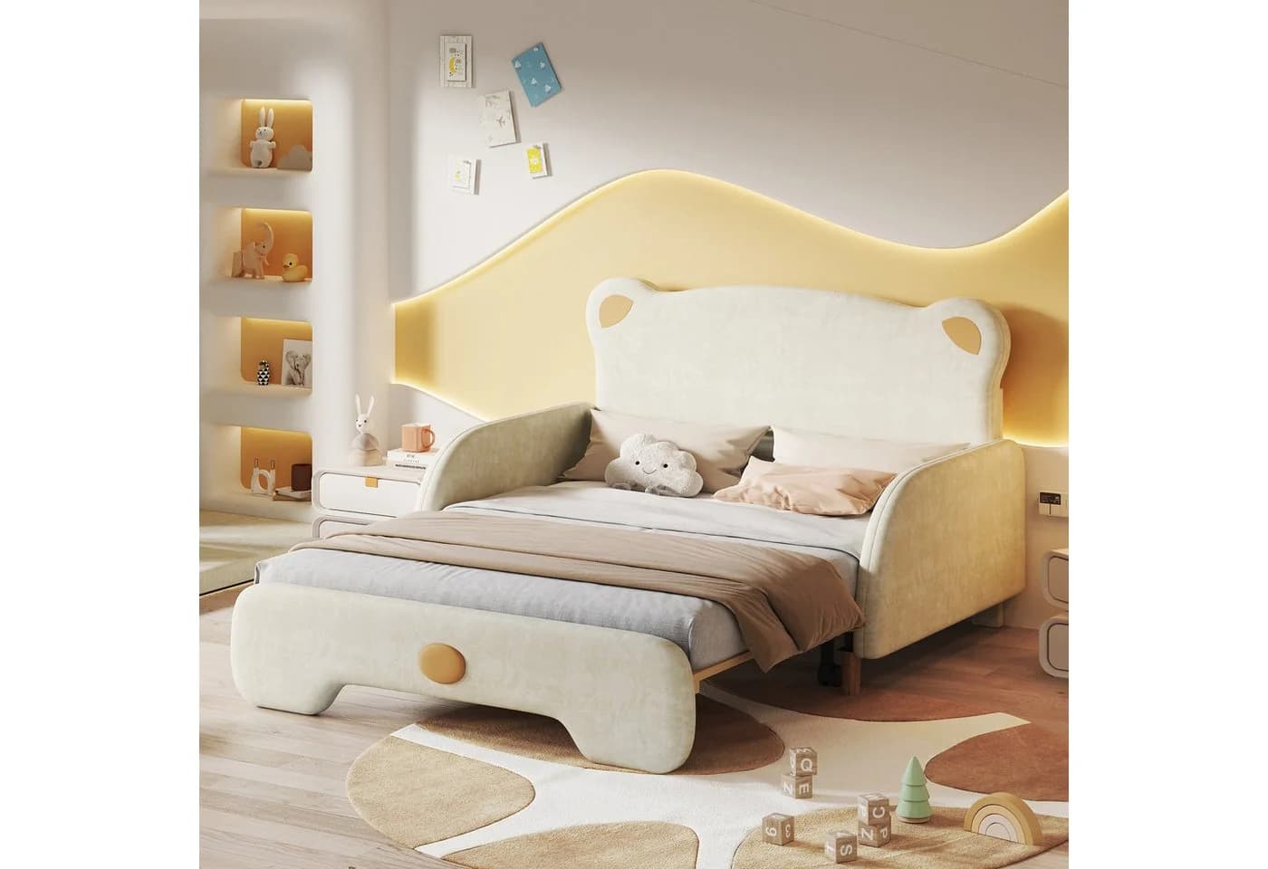 SOFTWEARY Kinderbett mit ausziehbarer Liegefläche Beige Schlafsofa