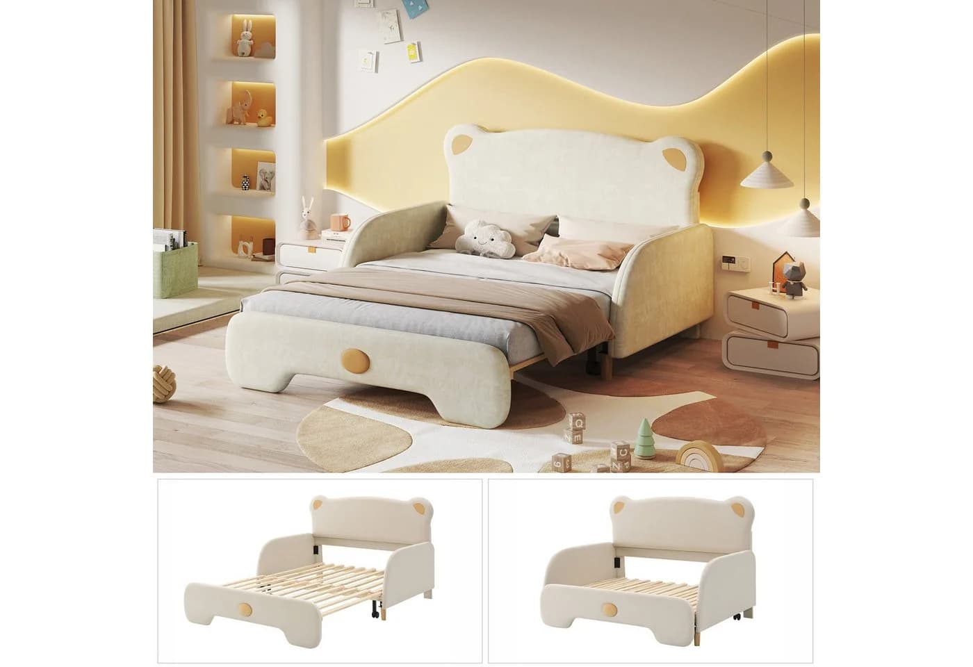 SOFTWEARY Kinderbett mit ausziehbarer Liegefläche Beige Schlafsofa - Bild 5