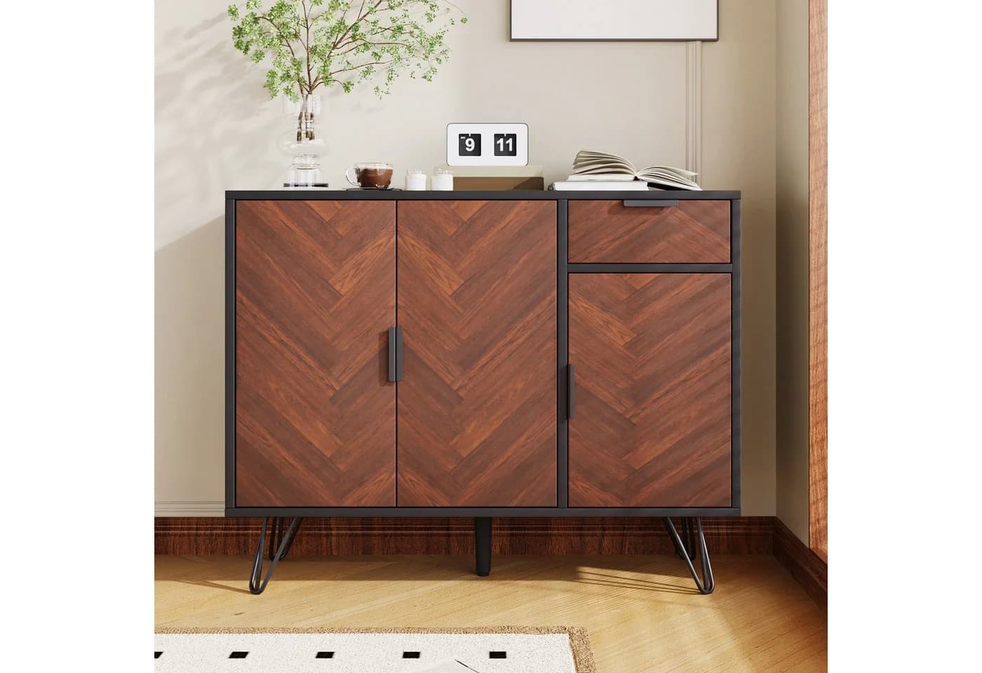 SOFTWEARY Sideboard Schwarz-Braun Metallfüße