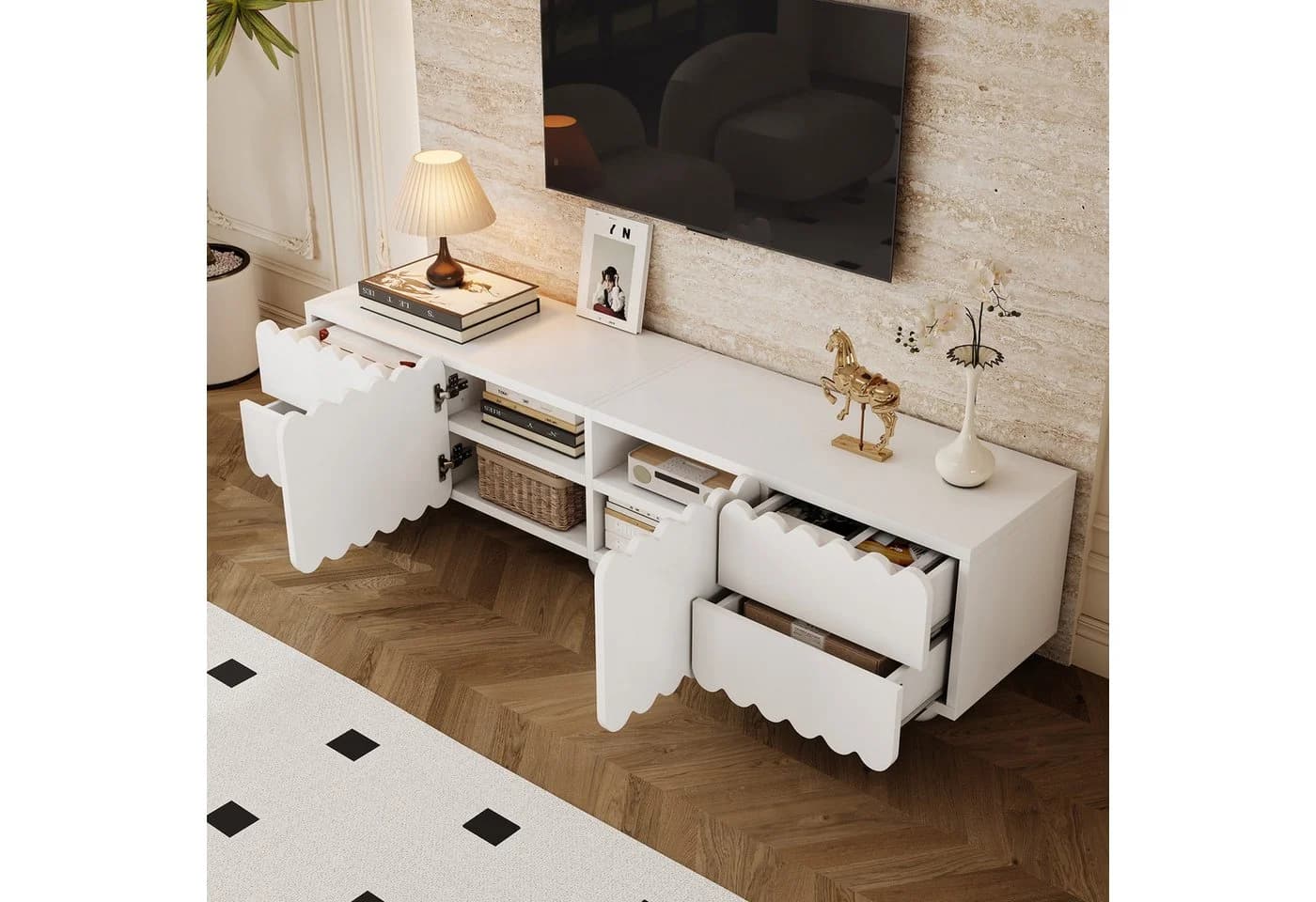 SOFTWEARY Lowboard TV-Schrank Weiß Massivholzfüße - Bild 4