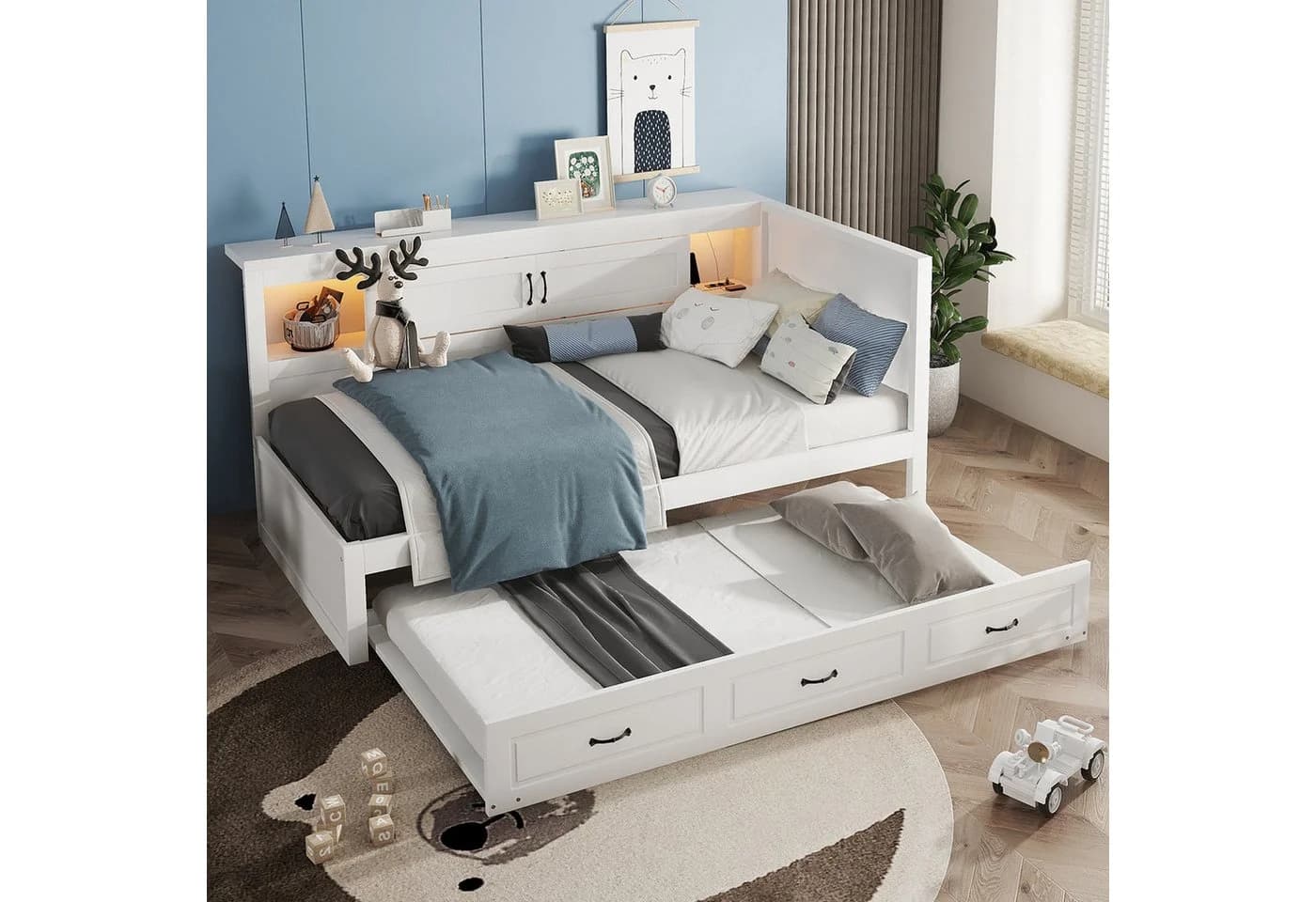 SOFTWEARY Massivholzbett mit Gästebett und LED-Beleuchtung weiß
