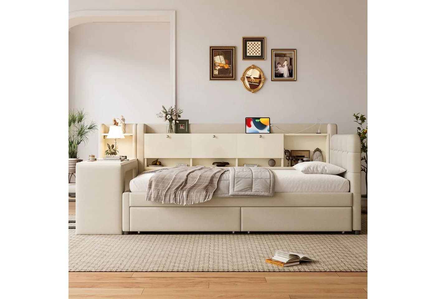 SOFTWEARY Stauraumbett mit Schreibtisch Beige Leinen