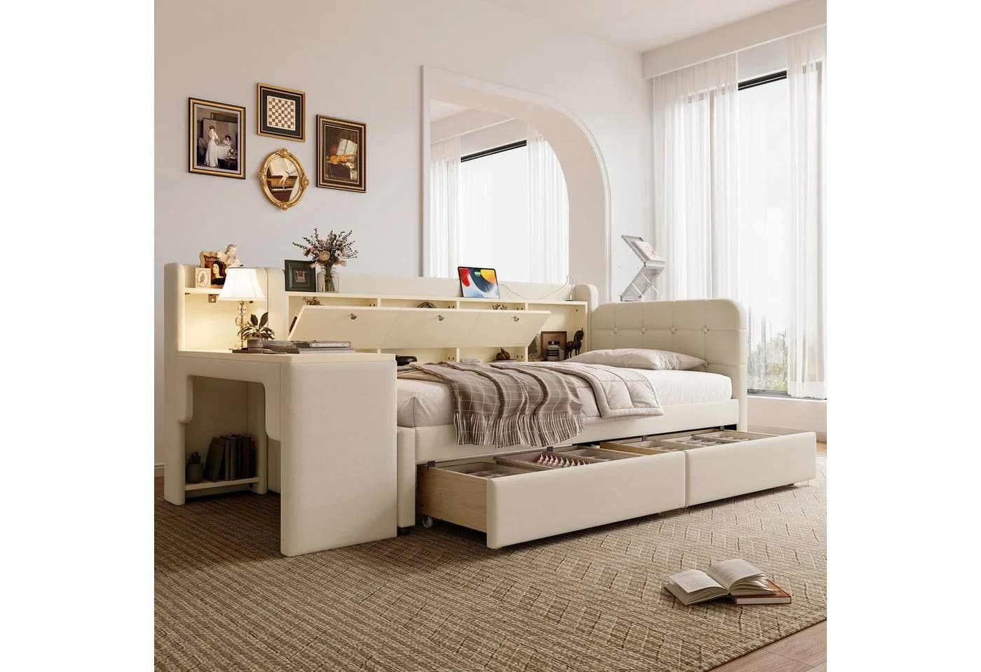SOFTWEARY Stauraumbett mit Schreibtisch Beige Leinen - Bild 3