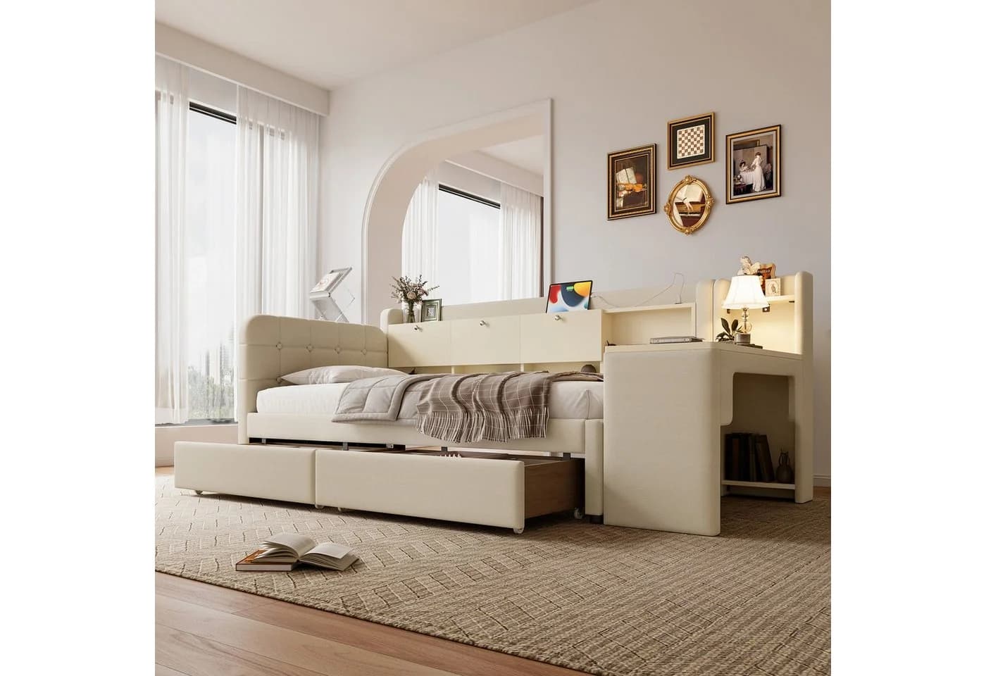 SOFTWEARY Stauraumbett mit Schreibtisch Beige Leinen - Bild 4