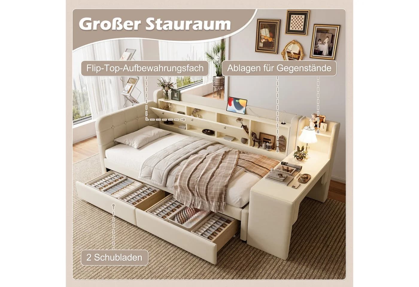 SOFTWEARY Stauraumbett mit Schreibtisch Beige Leinen - Bild 5