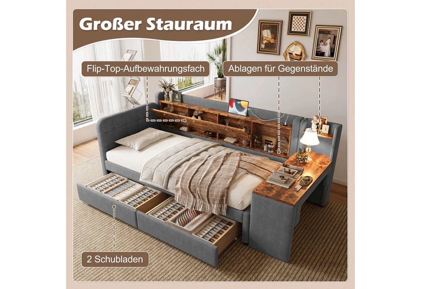 SOFTWEARY Stauraumbett mit Schreibtisch Grau Leinen - Bild 5