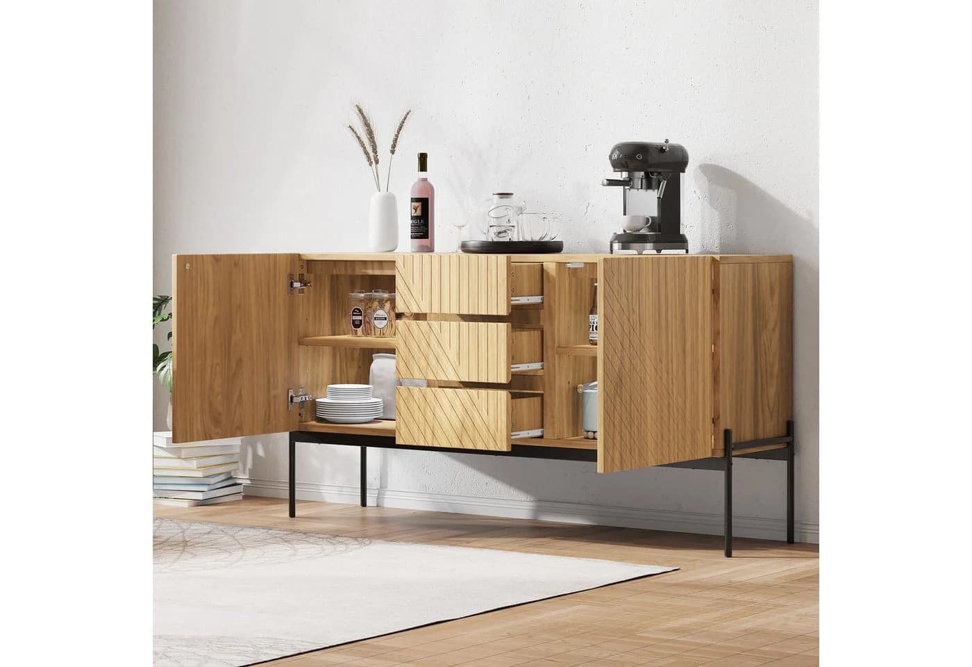 SOFTWEARY Sideboard 140 cm mit 3 Schubladen und Metallfüßen - Bild 4
